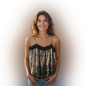 Iz Byer Black and Cream Floral Top